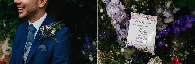 Purple buttonhole and wedding stationary