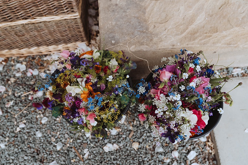Bunches of Rhos Organic flowers at Wild Lodge Wedding