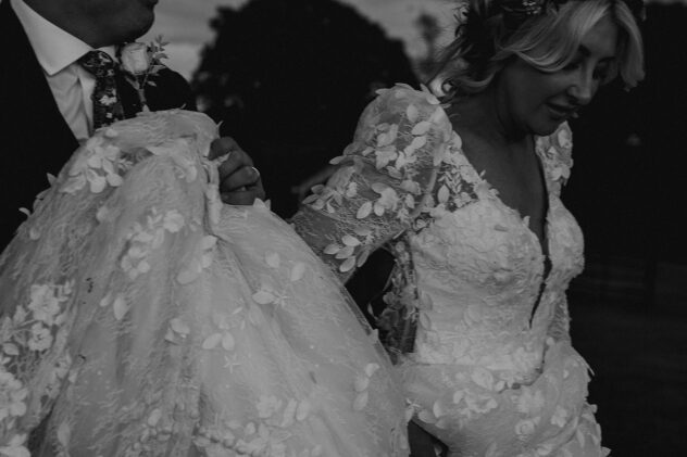 Bride and Groom walking at Stanford Farm