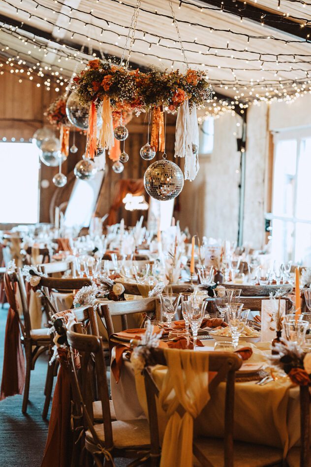 Disco ball chandelier at Stanford Farm Wedding