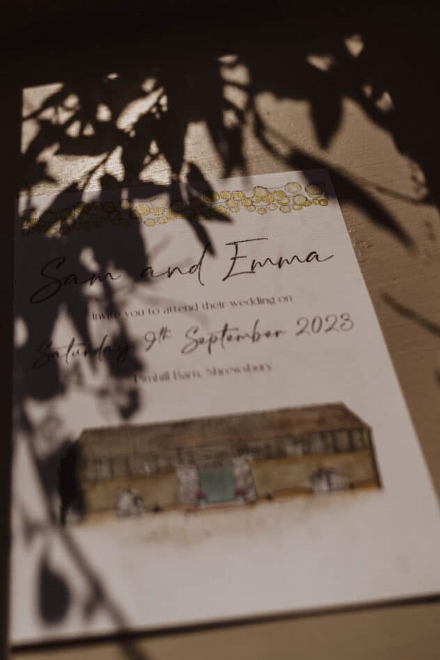 Hand illustrated wedding invitation for Pim Hill barn wedding