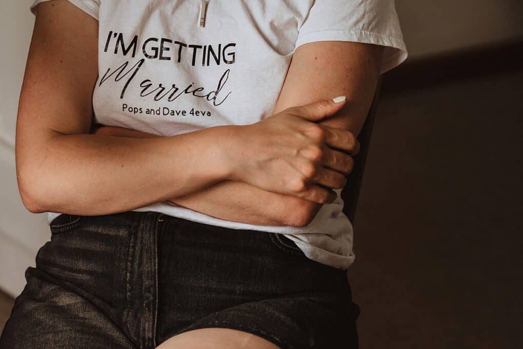 Close up of bride wearing I'm getting Married t shirt.