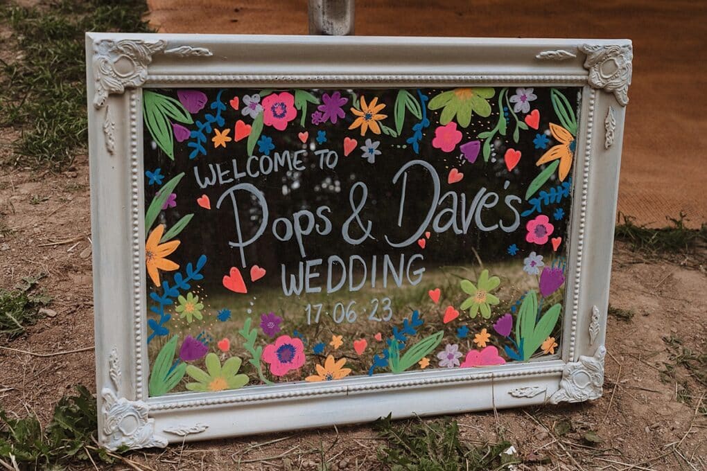 Shropshire wedding photography of the colourful wedding sign