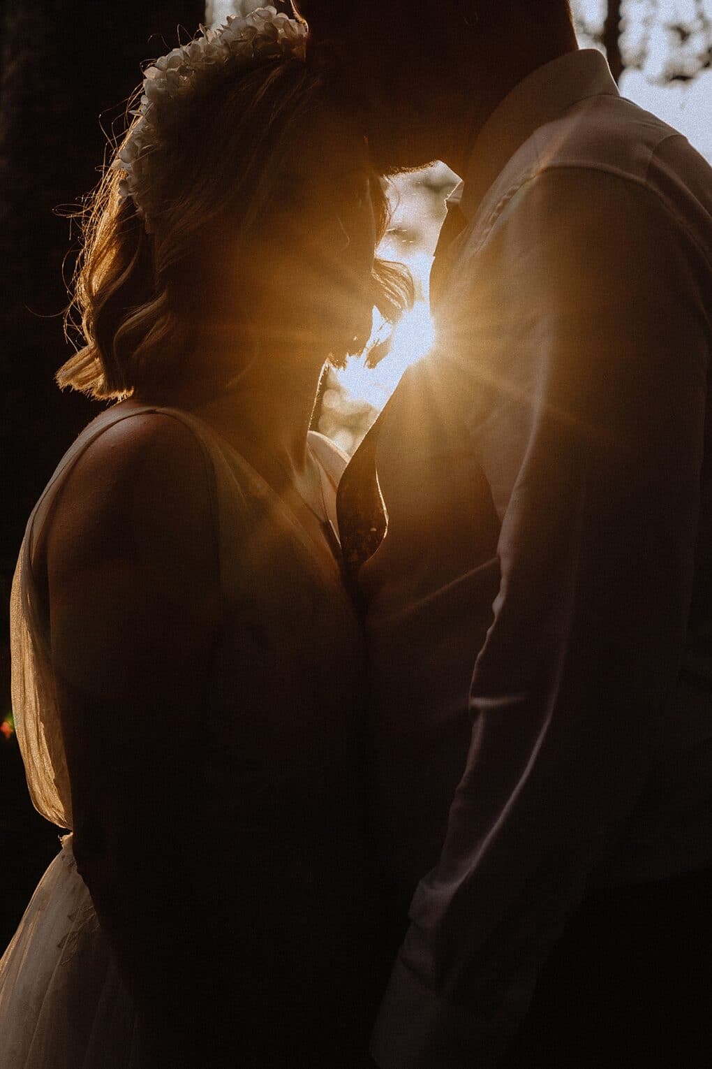 Sun rays shining throug hbride and groom