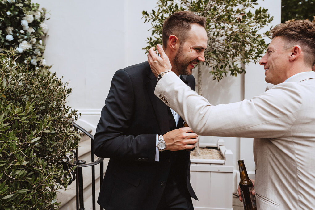 Unposed black tie wedding photography in the Cotswolds; intimate reception details at No. 131 The Promenade