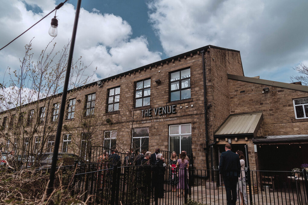 Guests outside the Venue Halfiax at a spring industrial wedding