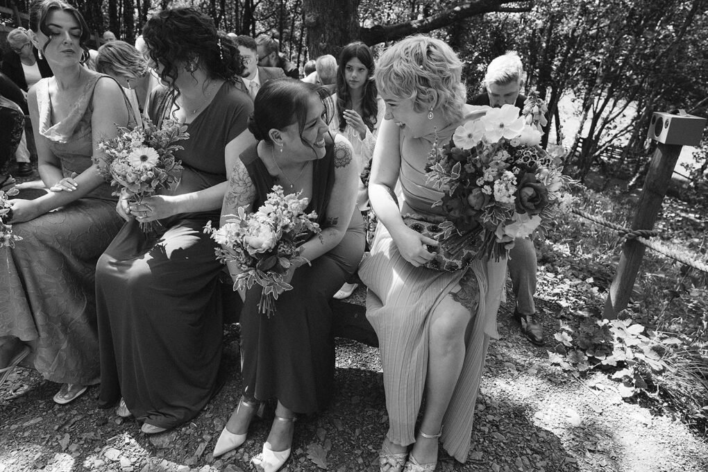 Unposed documentary photo of wedding guests at Glyngynwydd